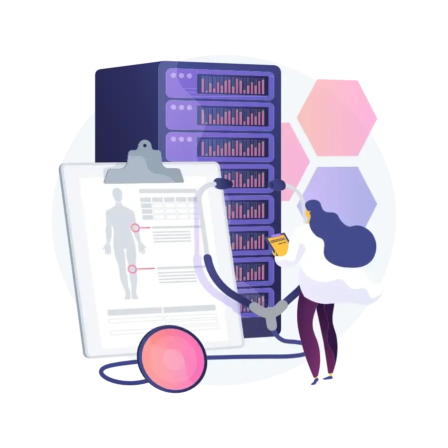 Illustration of a clinician with a stethoscope beside a patient chart and a server rack