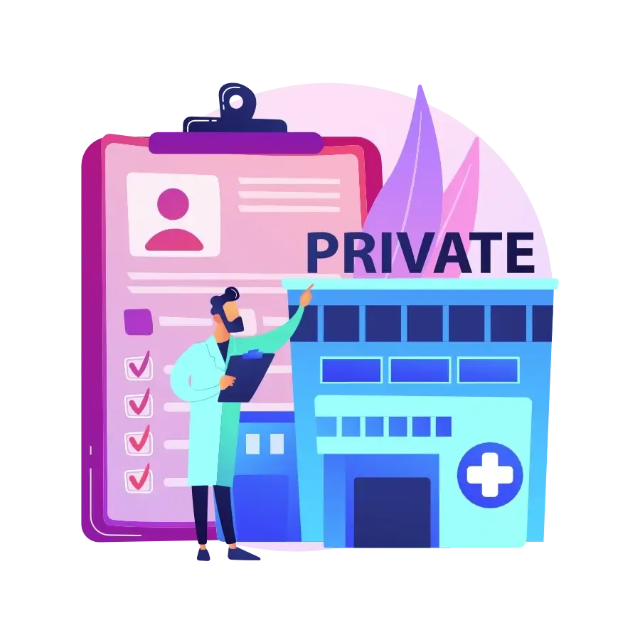 Illustration of a doctor with a clipboard in front of a medical record and a clinic marked "Private"