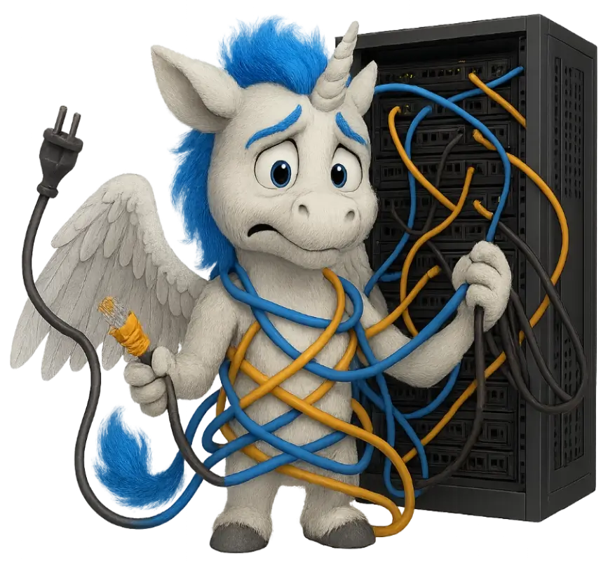 Xenith the Xentric mascot, tangled up in server cables