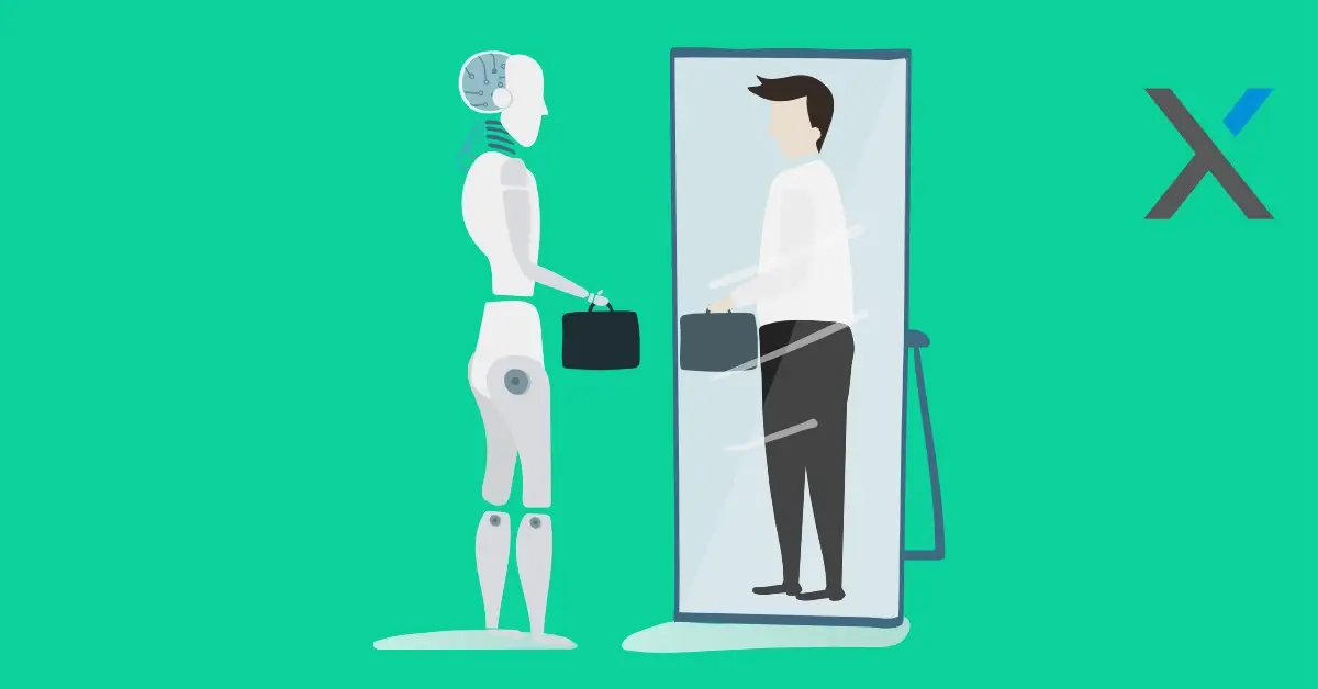 AI robot looking in the mirror seeing reflection of a man